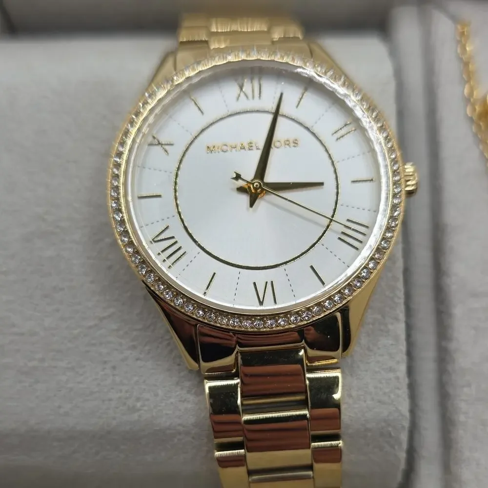 Michael Kors Lauryn Stainless Steel Quartz Watch Earrings and Necklace Gift Set